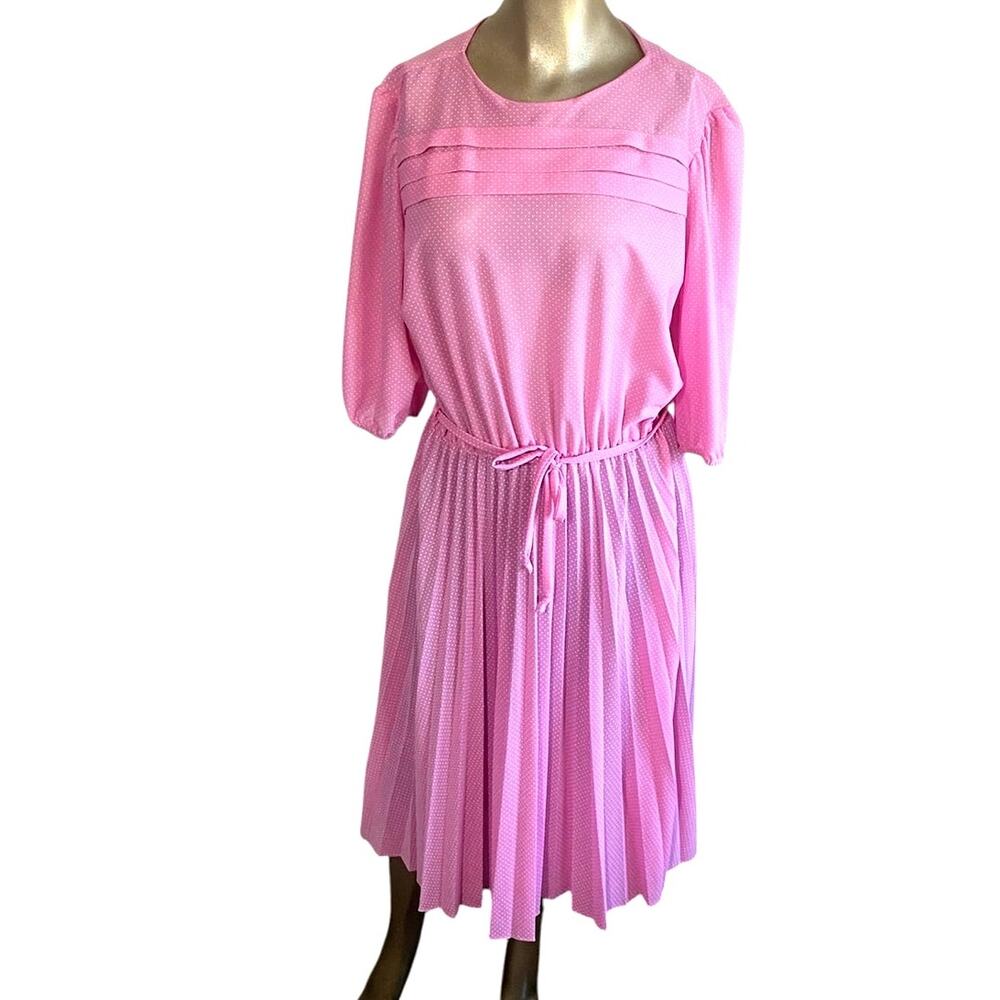 VTG 80s Doo-Dads Pink Polka Dot Pleated Dress Women 18 USA Pintuck Chiffon